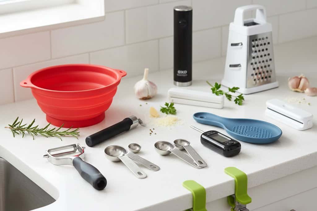Assortment of useful kitchen gadgets under twenty five dollars on a counter