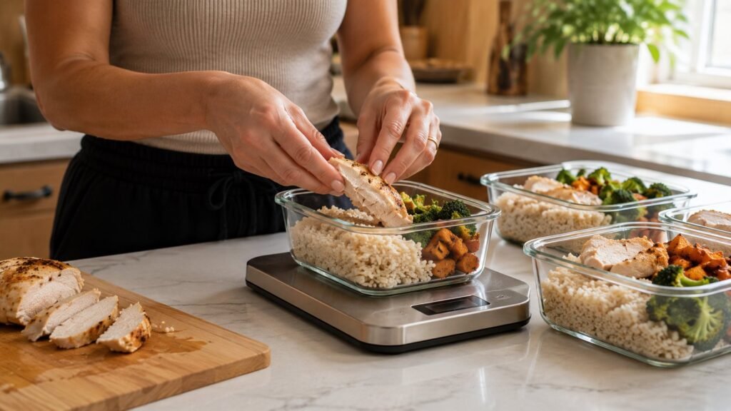 Digital kitchen scale with flour and spoon on marble counter