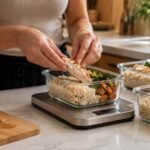 Digital kitchen scale with flour and spoon on marble counter