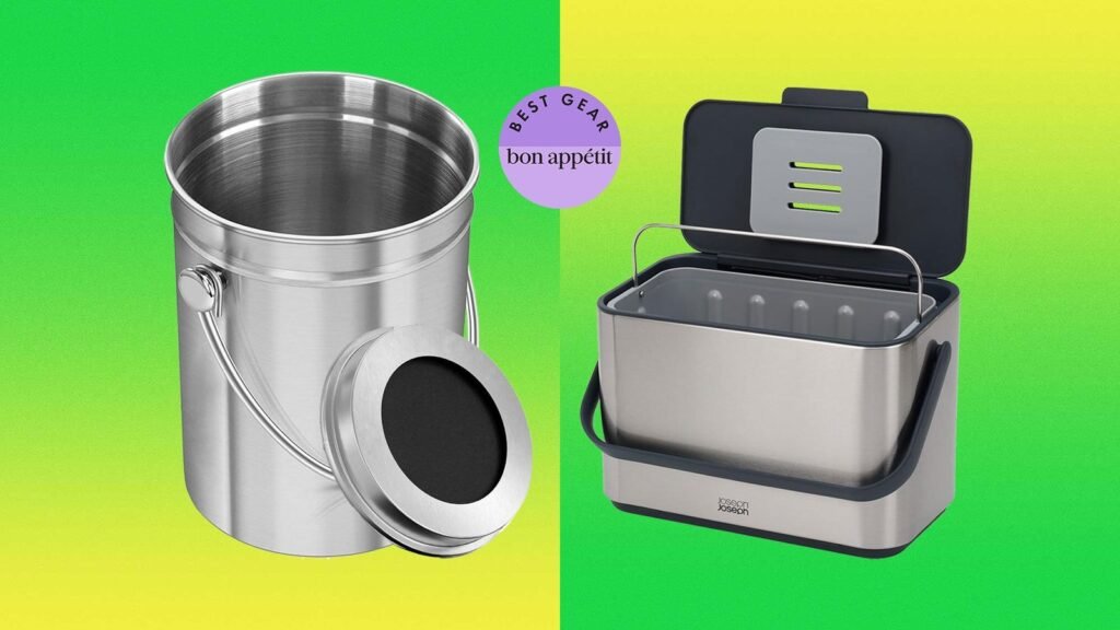 Modern stainless steel compost bin on kitchen counter with fresh vegetable scraps