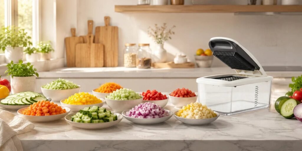 Modern vegetable chopper with fresh chopped veggies on kitchen counter