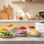 Modern vegetable chopper with fresh chopped veggies on kitchen counter