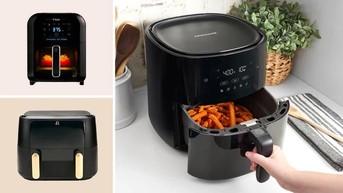 Open air fryer showing ceramic coating beside fresh herbs on marble