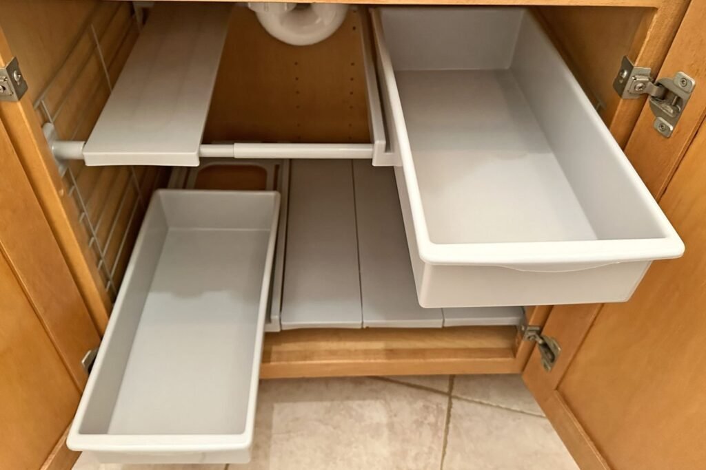 Organized under-sink cabinet with modular storage bins for small kitchens