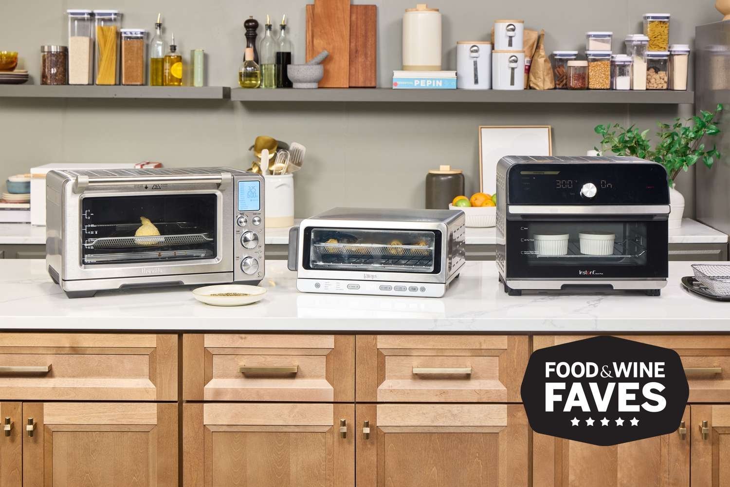 Sleek air fryer toaster oven on a white kitchen counter