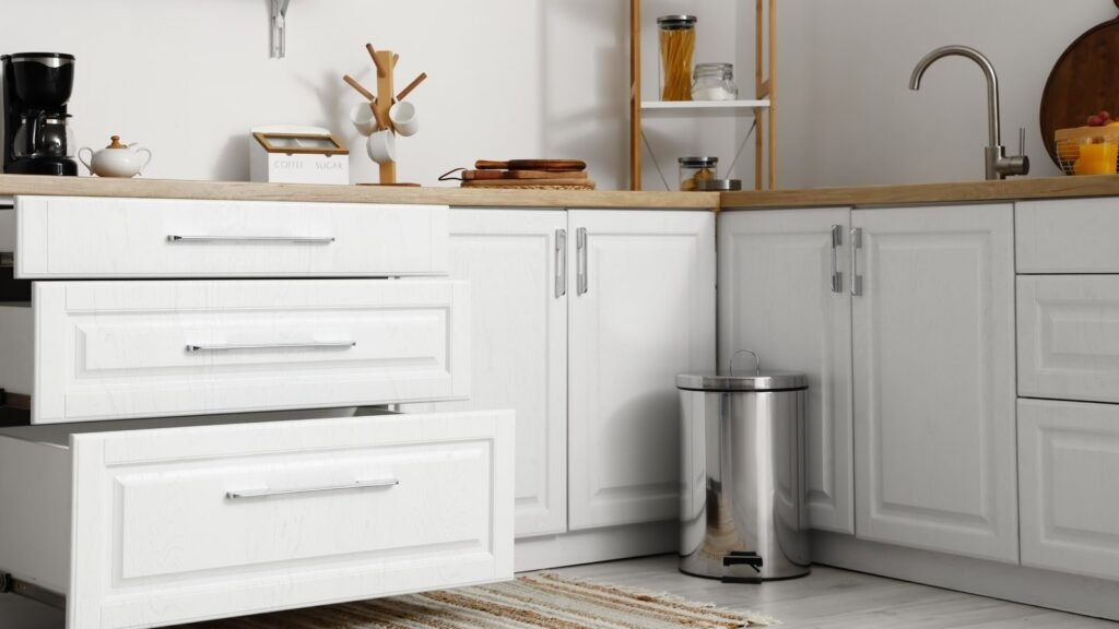 Slim modern trash can fits perfectly in small apartment kitchen space