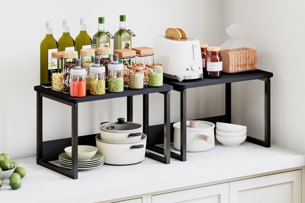 Stackable pantry organizers display efficient small apartment storage solutions