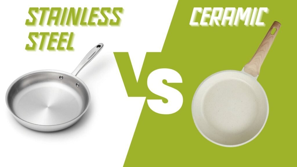 Stainless steel and ceramic cookware compared on a bright kitchen counter