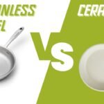 Stainless steel and ceramic cookware compared on a bright kitchen counter