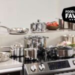Stainless steel cookware set displayed on a marble kitchen counter